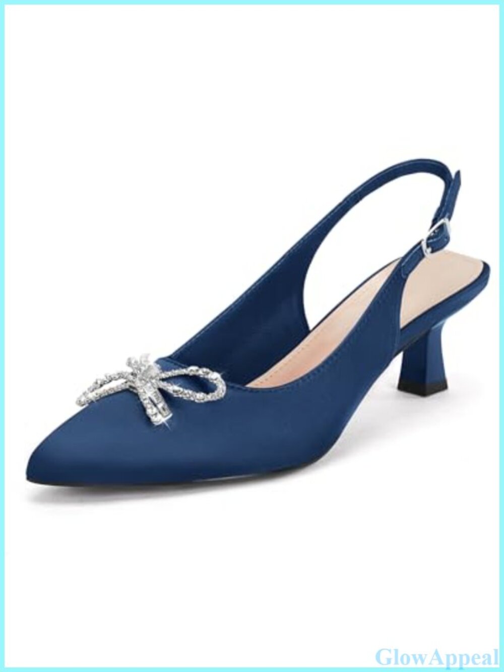 Satin Slingback Kitten Heels Pointed Toe Rhinestone Bow Pumps
